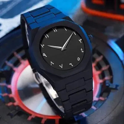 Men's Carbon Fiber Black Arabic Aura Watch (With White Numbers)